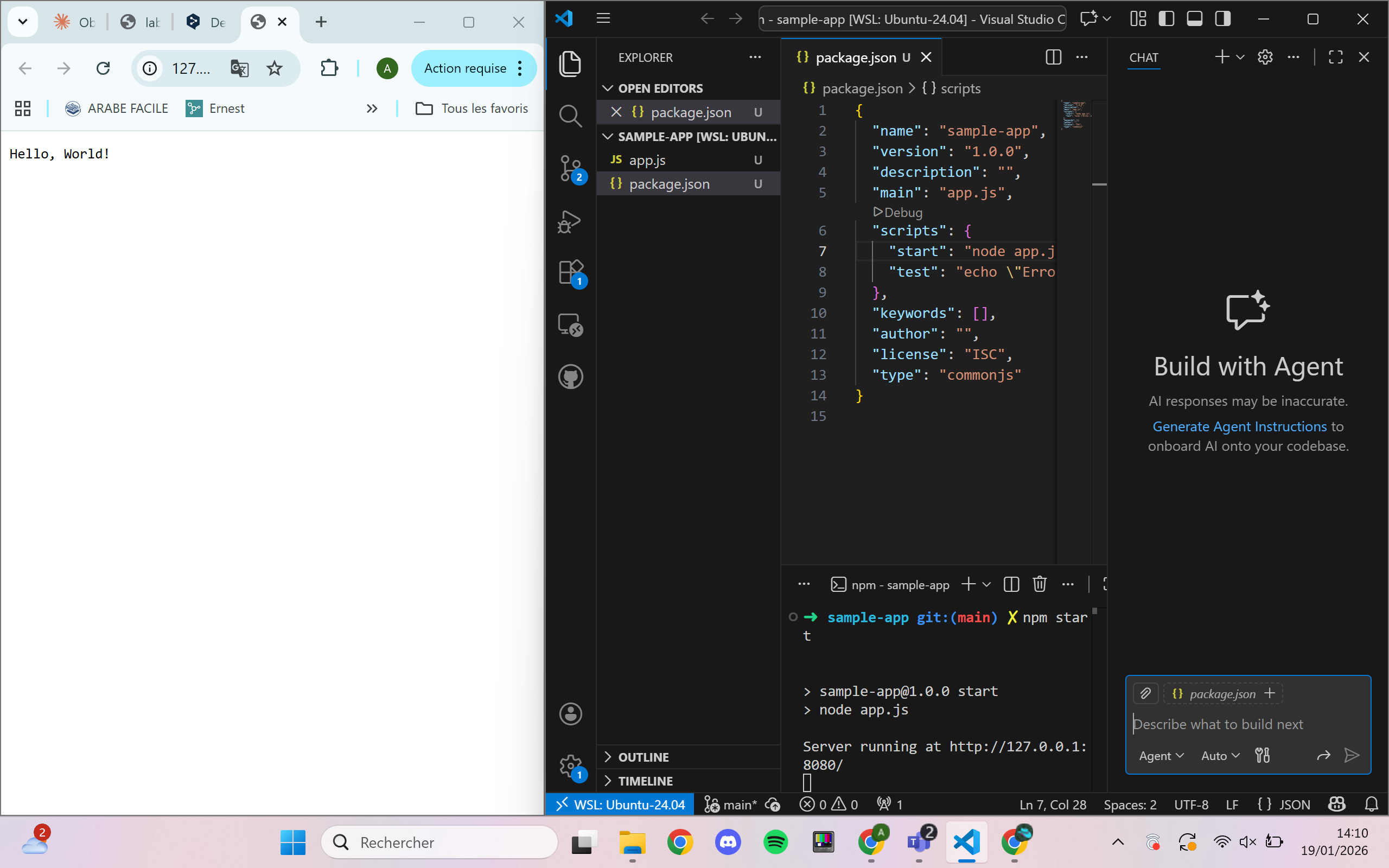 Application Node.js qui tourne en local - Hello World sur http://127.0.0.1:8080