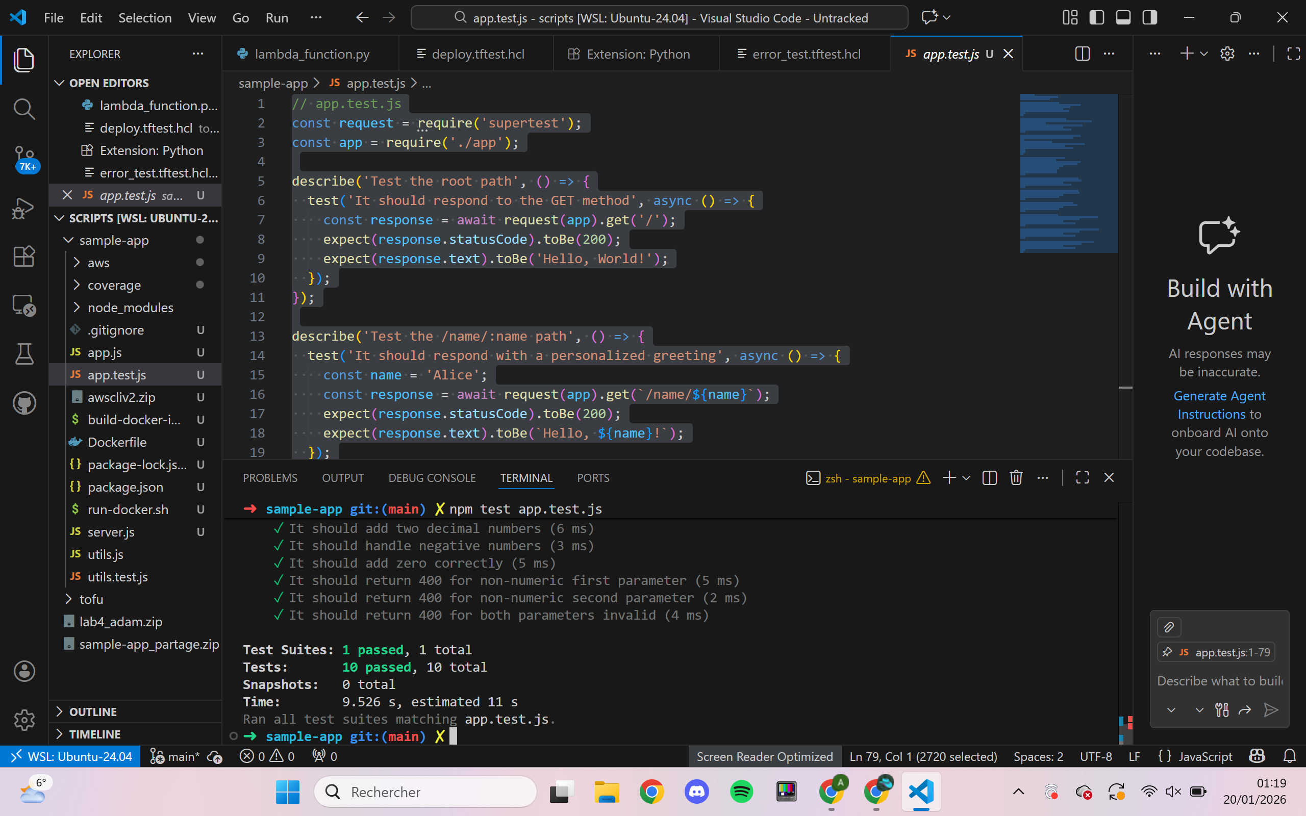 Résultat npm test app.test.js - 10 tests passés