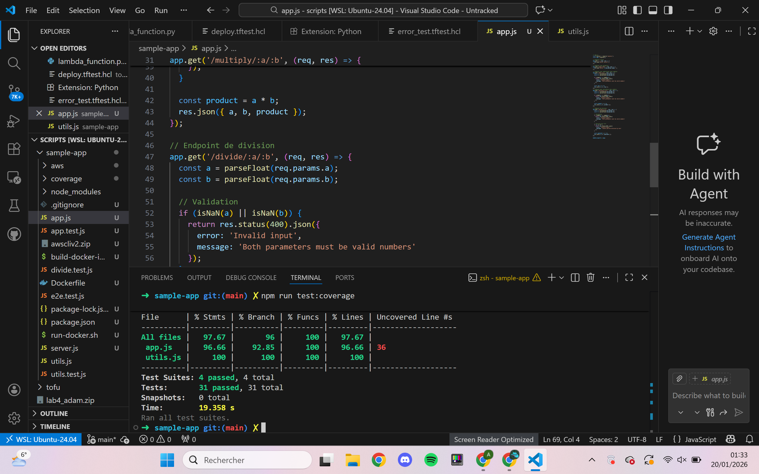 Coverage global 97.67% - 31 tests passés sur 4 suites